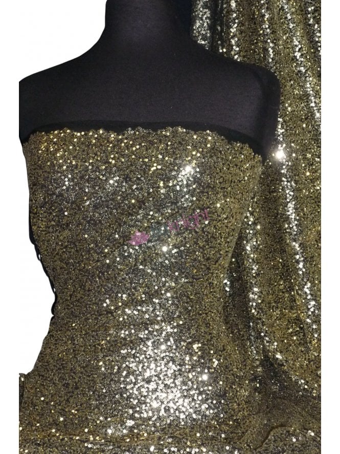 Showtime Fabric All Over Stitched 3mm Sequins - Gold On Black SEQ53 GDBK