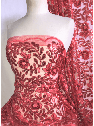 Showtime Sequins Dress/Dance Net Fabric- Coral Floral Embroidery SEQ72 CRL