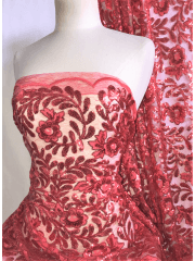 Showtime Sequins Dress/Dance Net Fabric- Coral Floral Embroidery SEQ72 CRL