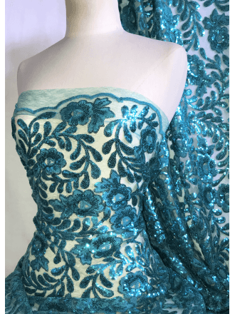 Showtime Sequins Dress/Dance Net Fabric- Turquoise Floral Embroidery SEQ72 TQS