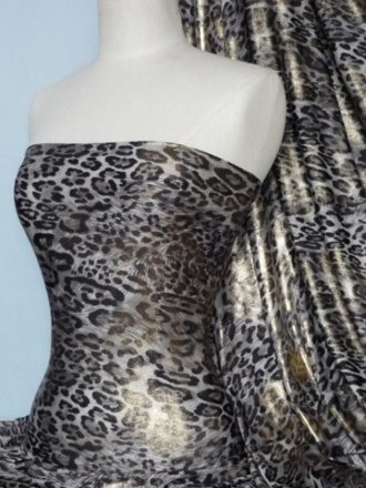 Silk Touch 4 Way Stretch Fabric- Grey/Gold Leopard Foil Q619 GRGLD