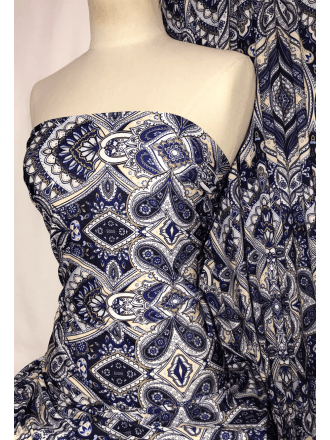 Soft Touch 4 Way Stretch Lycra Fabric- Tanzanite Blue Paisley SQ326 BLMLT