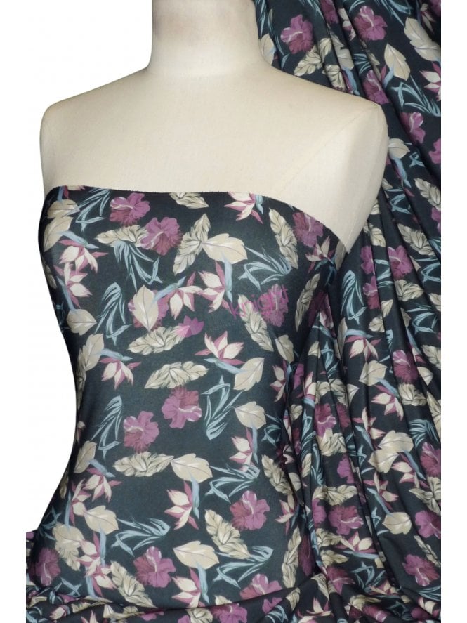 Soft Touch Stretchy Fabric- Aubergine/Black Floral Q1327 AUBMLT
