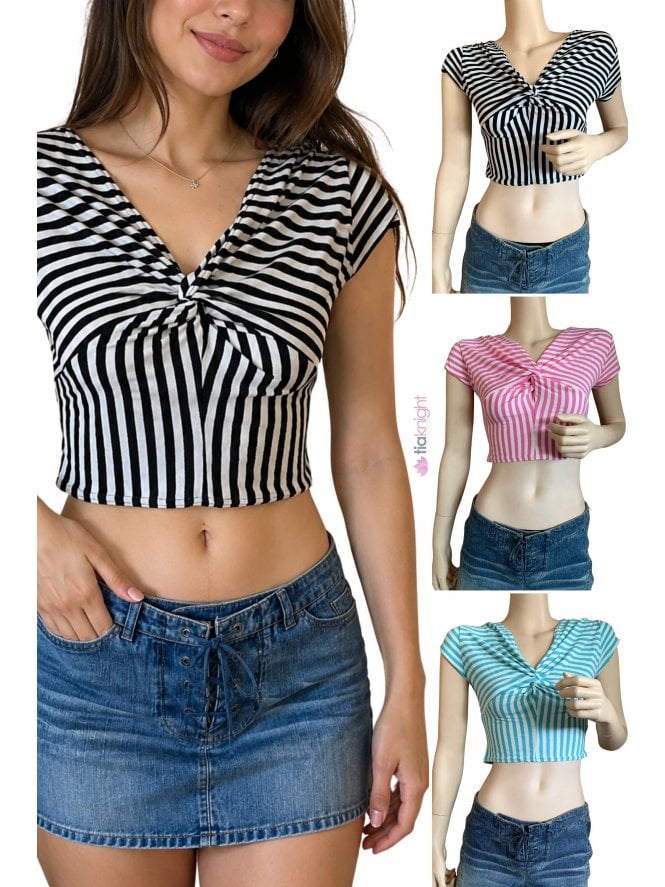 Striped Twist-Front Cap Sleeve Crop Top