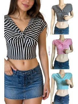 Striped Twist-Front Cap Sleeve Crop Top
