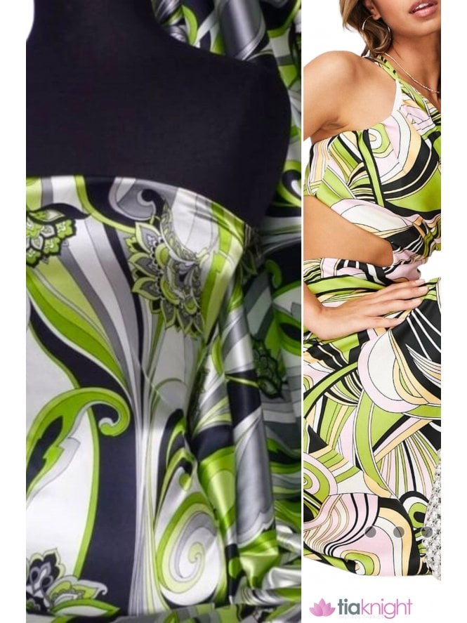 Super Soft Satin Fabric- Green Paisley Floral Q1008 GRN