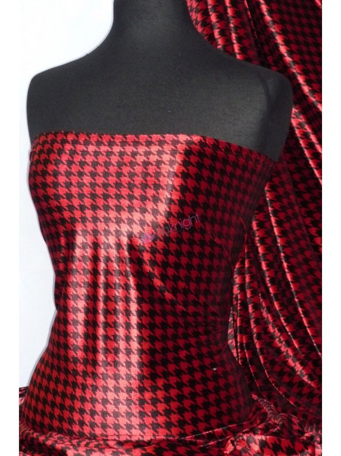 Velvet Spandex Luxuriously Soft Fabric Material- Red/Black Dogtooth PVEL25 RDBK