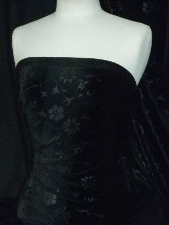 Velvet Spandex Stretch Fabric- Jet Black Flowers Q1287 BK