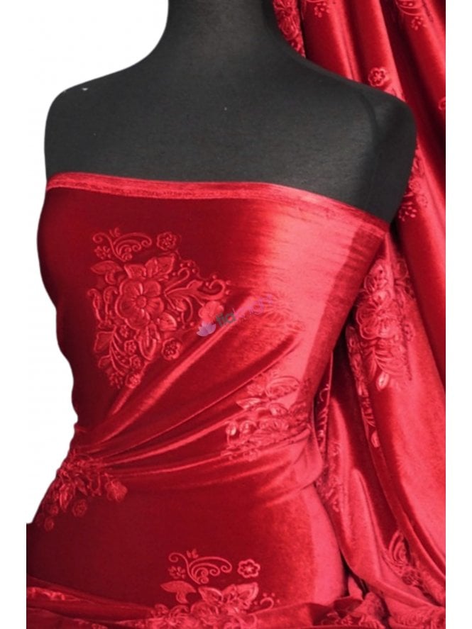 Velvet Spandex Stretch Fabric- Red Wine Embossed Q978 RDWN