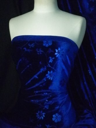Velvet Spandex Stretch Fabric- Rich Royal Blue Flowers Q1287 RBL