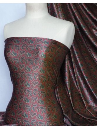 Velvet Velour Stretch Fabric- Red/Green Paisley Q1160 RDGRN
