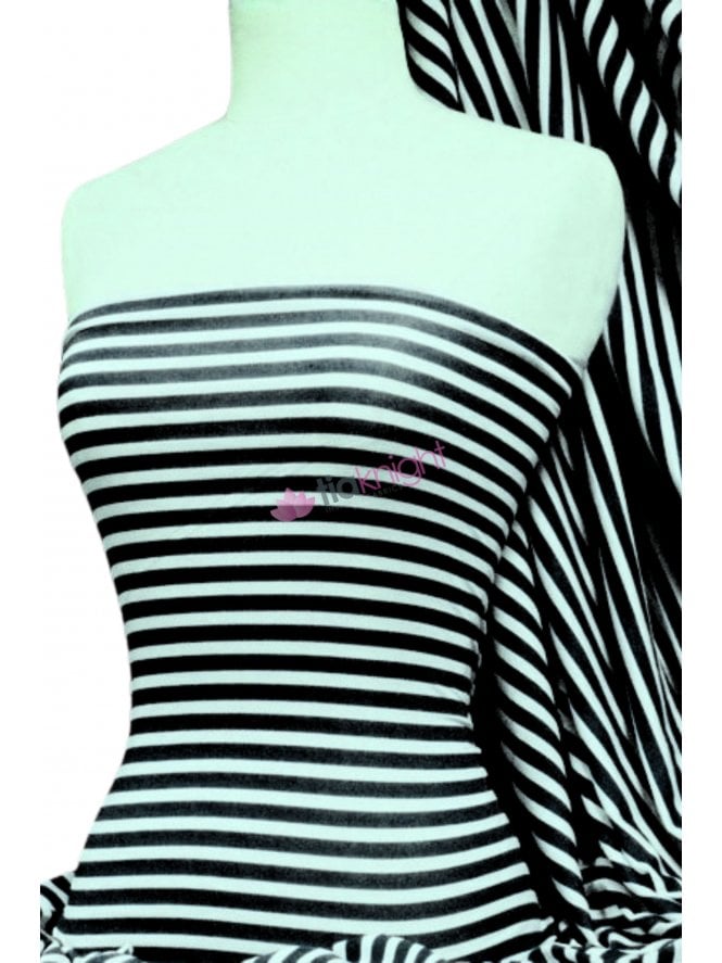 Viscose Cotton 4 Way Stretch Fabric- Black/Pale Mint Horizontal Stripe Q1171 BKMNT
