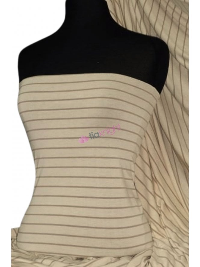 Viscose Cotton 4 Way Stretch Fabric- Horizontal Mocha/Cream Stripe Q1024 MCHCRM