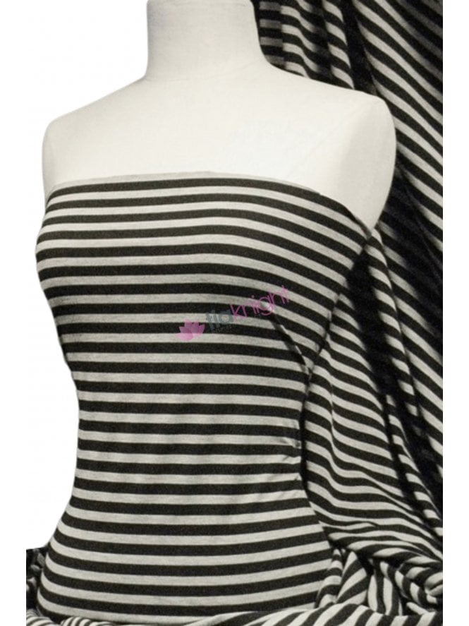 Viscose Cotton 4 Way Stretch Fabric- Horizontal Stripe Black/Marl Grey Q1103 BKMGR