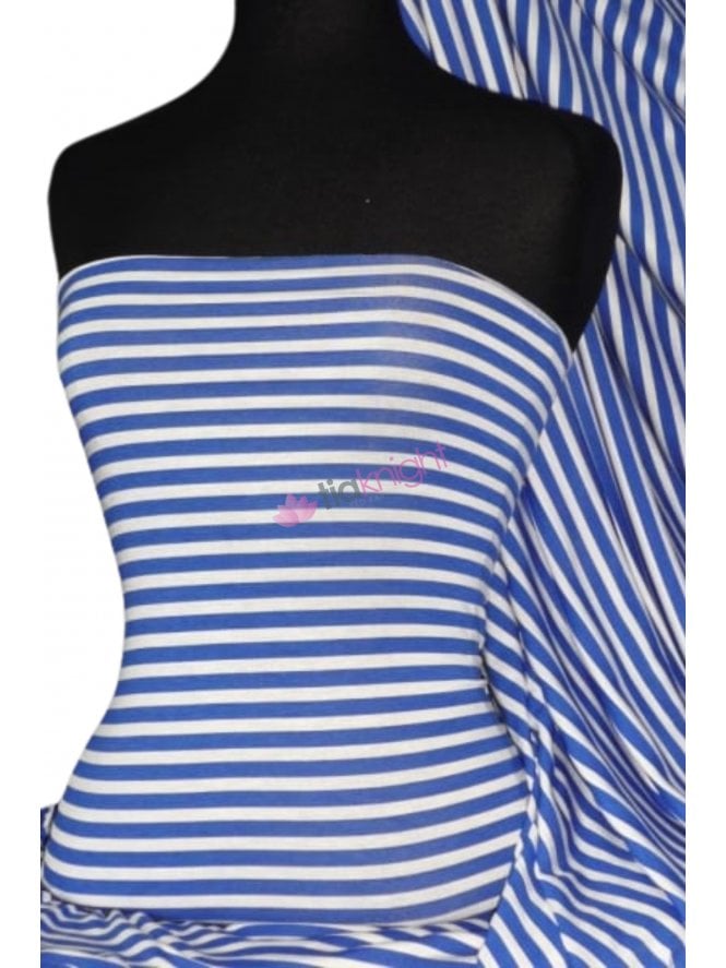 Viscose Cotton 4 Way Stretch Fabric- Horizontal Stripe Royal Blue/White Q1103 RBLWHT