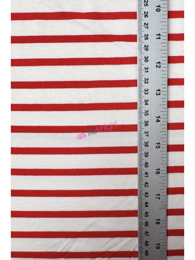 Viscose Cotton 4 Way Stretch Fabric- Ivory/Red Stripe SQ422 IVRD
