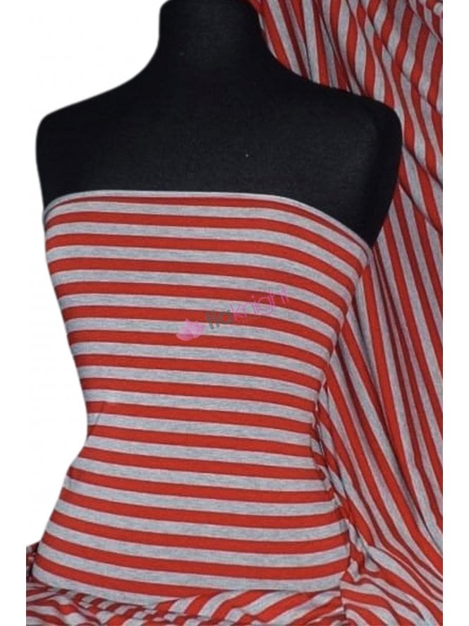 Viscose Cotton 4 Way Stretch Fabric- Red/Grey Stripe Q1152 RDGR