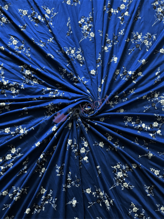 Viscose Cotton 4 Way Stretch Fabric- Royal Blue Floral Branches SQ704 RBLWHT