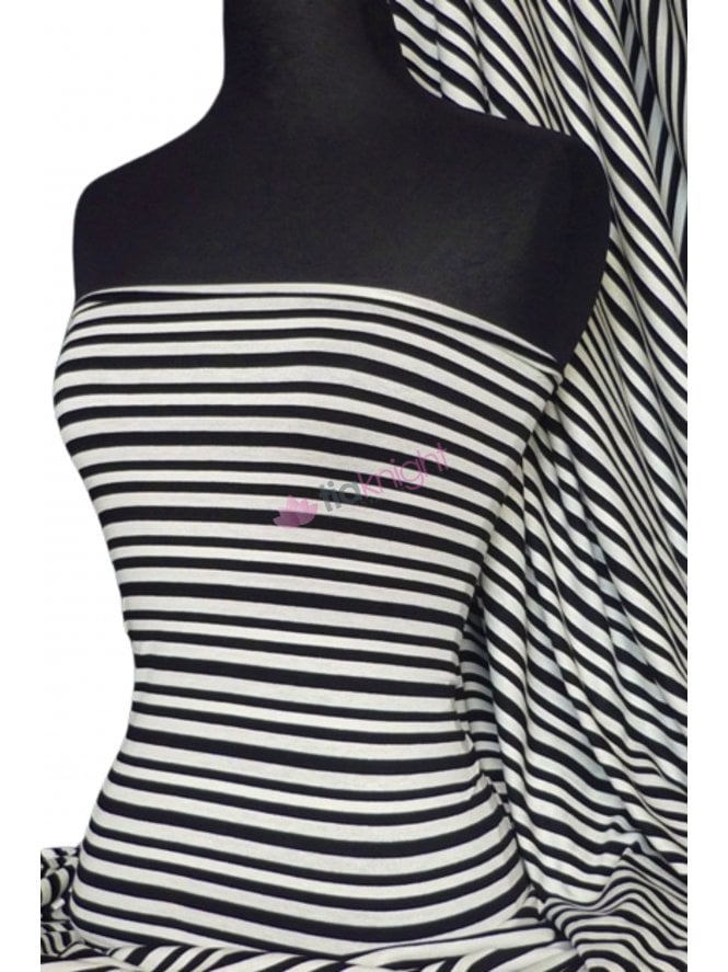 Viscose Cotton 4 Way Stretch Fabric- Stripe Black/Cream Q576 BKCRM
