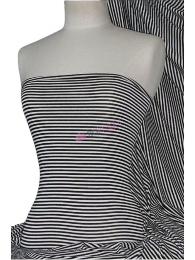 Viscose Cotton 4 Way Stretch Fabric- Stripe Black/Ivory SQ949 BKIV