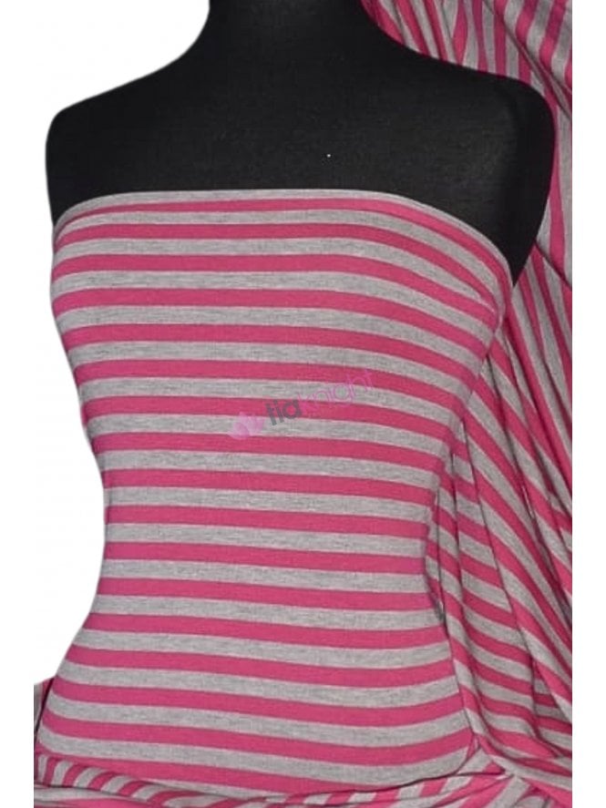 Viscose Cotton Soft Stretchy Fabric- Pink/Grey Stripe Q1152 PNGR