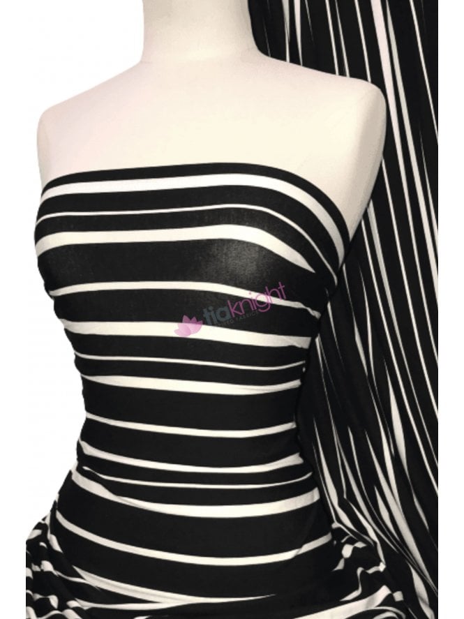 Viscose Cotton Stretch Fabric- Black/Ivory Horizontal Stripe SQ349 BKIV