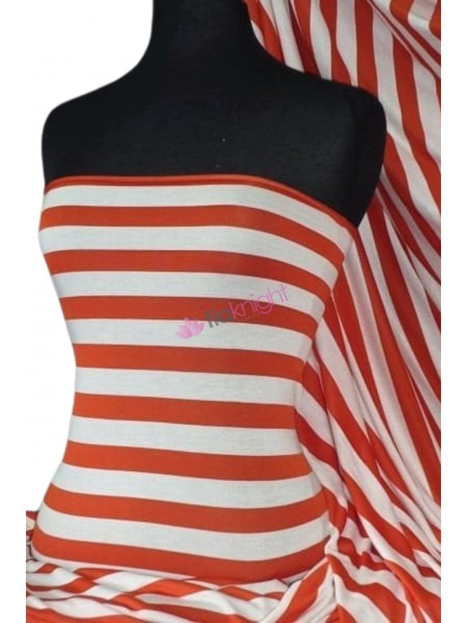 Viscose Cotton Stretch Fabric- Bright Red/Cream Stripe Q741 BRDCRM