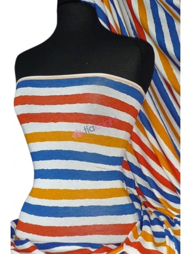 Viscose Cotton Stretch Fabric- Horizontal Stripe Royal Blue/Multi Q1125 RBLMLT