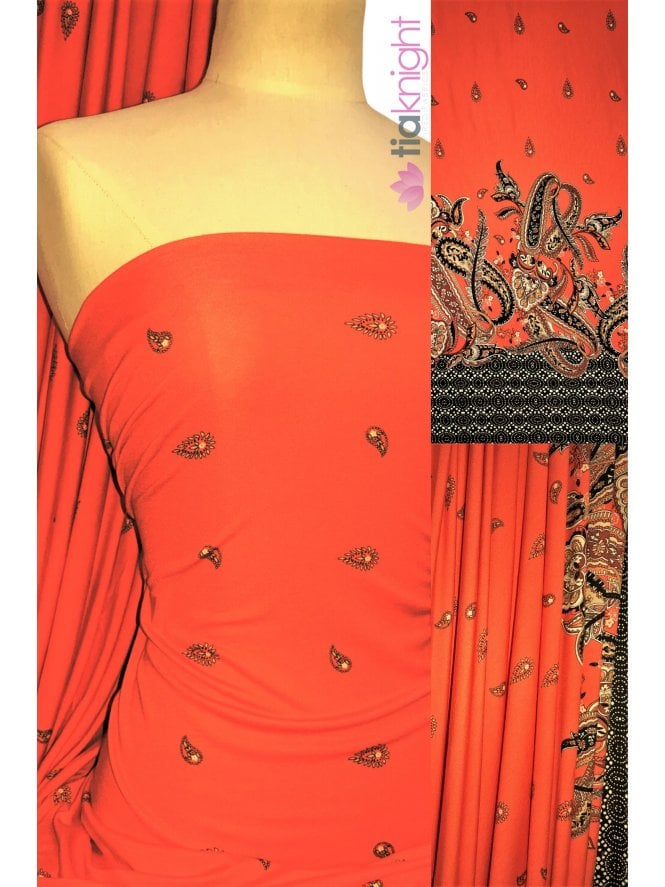 Viscose Cotton Stretch Fabric- Orange/Black Paisley SQ350 ORBK