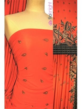 Viscose Cotton Stretch Fabric- Orange/Black Paisley SQ350 ORBK