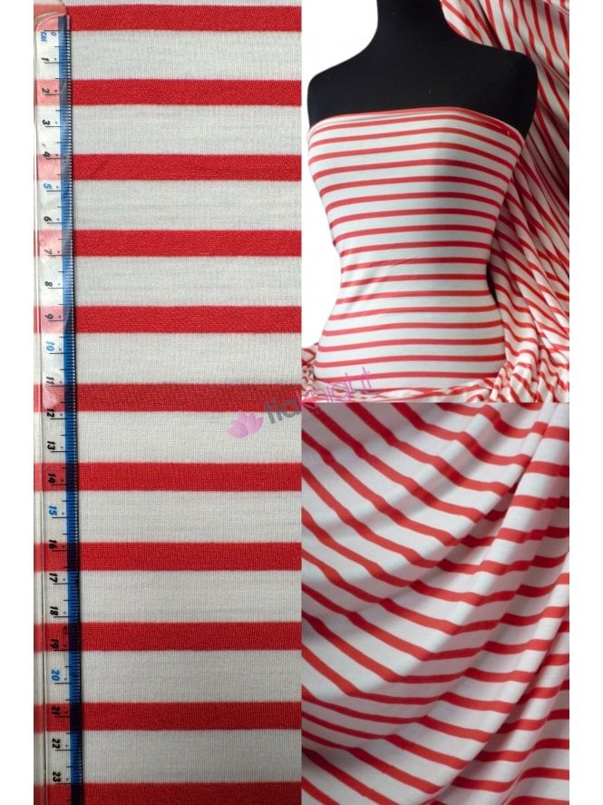 Viscose Cotton Stretch Fabric- Tomato Red/Cream Stripe Q1094 TRDCRM