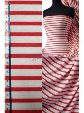 Viscose Cotton Stretch Fabric- Tomato Red/Cream Stripe Q1094 TRDCRM