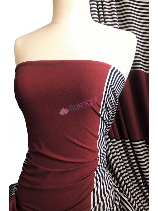 Viscose Cotton Stretch Fabric- Wine/Black & White Stripes SQ432 RDBKWH