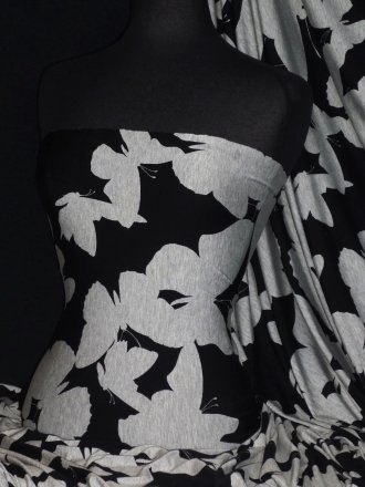Viscose Cotton Stretch Lycra Fabric- Black/Grey Butterfly Q1314 BKGR