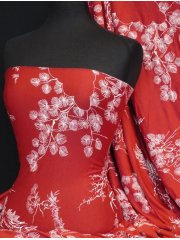 Viscose Cotton Stretch Lycra Fabric- Red/ White Japanese Garden Q1153 RDWHT
