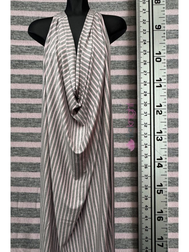 Viscose Elastane 4 Way Stretch Fabric- Baby Pink/Marl Grey Vertical Stripes SQ987 PNGR