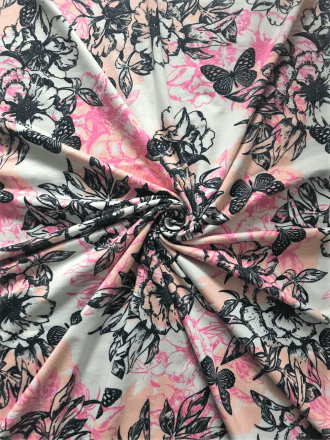 Viscose Elastane 4 Way Stretch Fabric- Butterfly Blooms SQ732 IVMLT