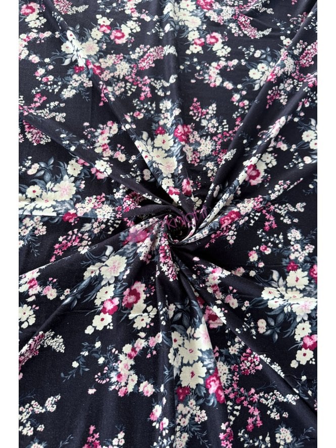 Viscose Elastane 4 Way Stretch Soft Fabric- Navy/Pink Blossom Tree SQ866 NYPN