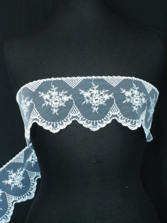 White Floral Embroidered Scalloped Edged Wide Non-Stretch Net Trim