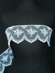 White Floral Embroidered Scalloped Edged Wide Non-Stretch Net Trim
