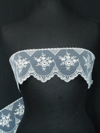 White/Silver Floral Embroidered Scalloped Edged Wide Non-Stretch Net Trim