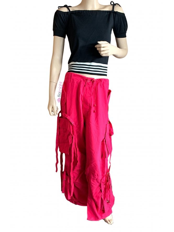 Wide Leg Strappy Cargo Pocket Trousers- Hot Pink