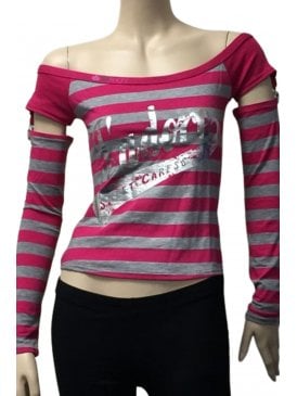 Women's J'adore Racer Girl Long Sleeve Stripe Top- Cerise/Grey