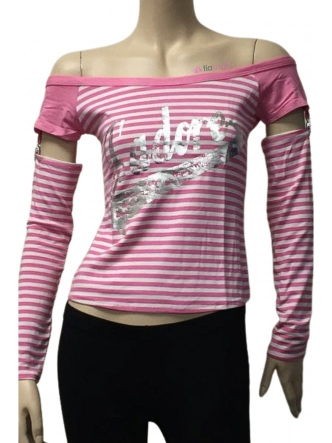 Women's J'adore Racer Girl Long Sleeve Stripe Top- Pink/White