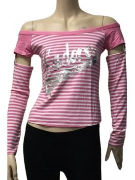 Women's J'adore Racer Girl Long Sleeve Stripe Top- Pink/White