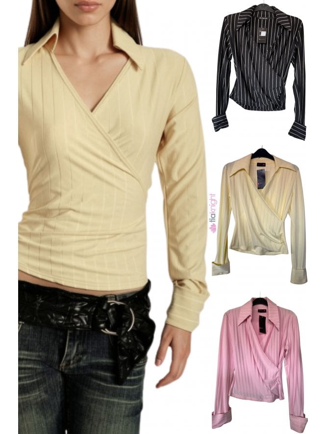 Women's Pinstripe Wrap Over Long Sleeve Shirt/Blouse